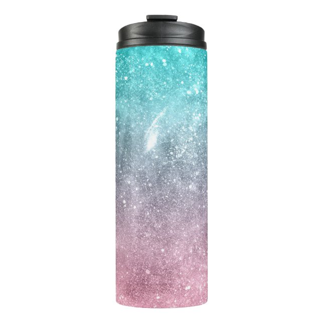 Aqua Blue Pink ombre Sea Galaxy abstrakt Thermosbecher (Vorderseite)