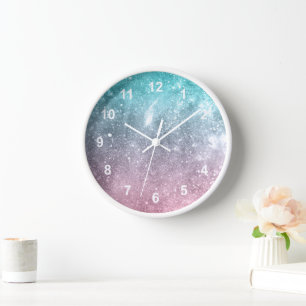 Aqua Blue Pink ombre Sea Galaxy abstrakte w Zahlen Uhr