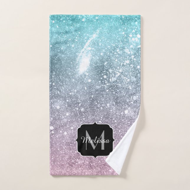 Aqua Blue Pink Sea Galaxy abstrakt Monogram Badhandtuch Set (Handtuch)