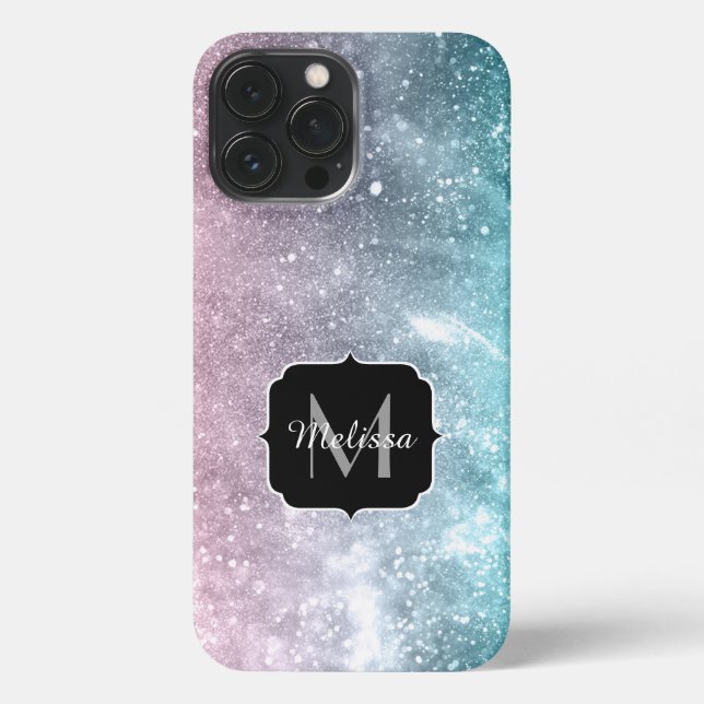 Aqua Blue Pink Sea Galaxy abstrakt Monogram iPhone Hülle (Rückseite)