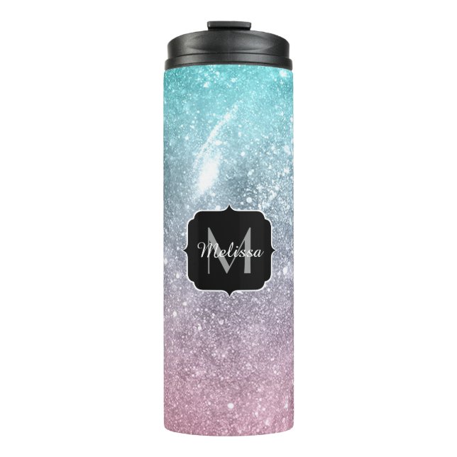 Aqua Blue Pink Sea Galaxy abstrakt Monogram Thermosbecher (Vorderseite)