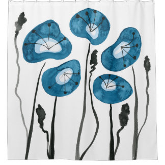 Aqua Blue Poppies Boho Modernes Badezimmer Dekorat Duschvorhang