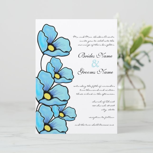 Aqua Blue Poppy Blume Hochzeit Einladung (Stehend Vorderseite)