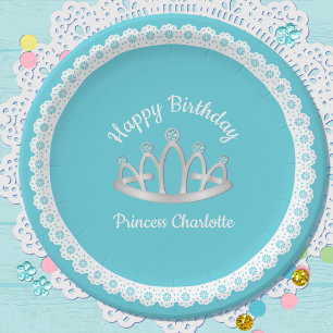 Aqua Blue Princess Tiara Birthday Paper Plate Pappteller