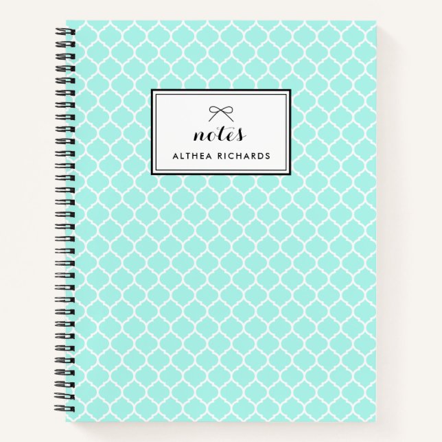 Aqua Blue Quatrefoil Muster Personalisiertes Noteb Notizbuch (Vorderseite)