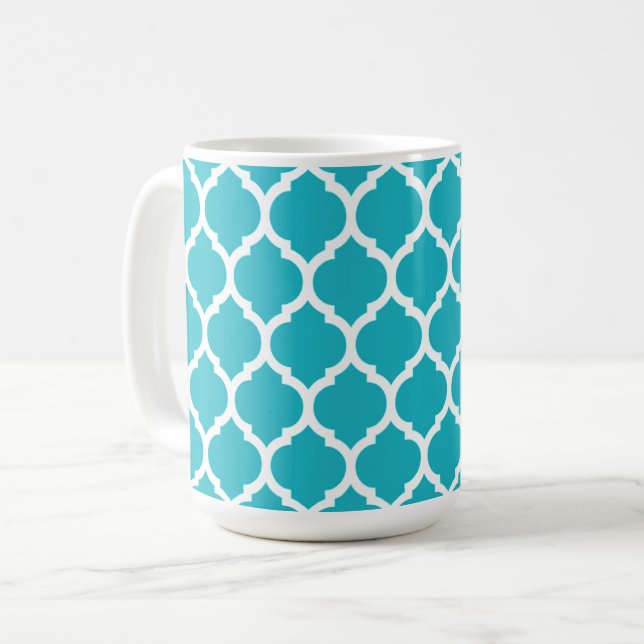 Aqua Blue Quatrefoil Pattern Kaffeetasse (Vorderseite Links)