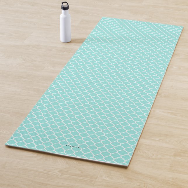 Aqua Blue Quatrefoil Pattern Personalisiert Yogamatte (Beispiel)