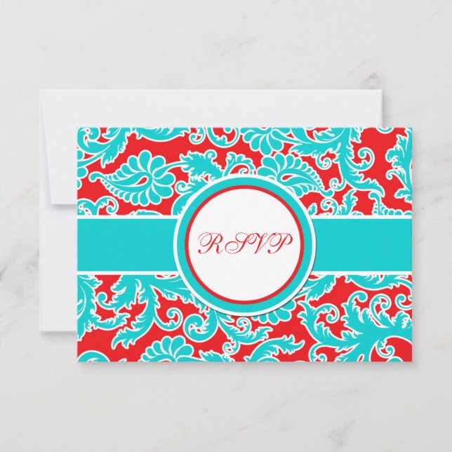 Aqua Blue, Red, White Damask RSVP-Karte Einladung (Vorderseite)