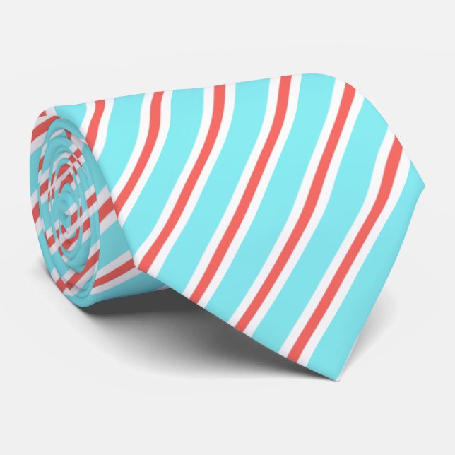 Aqua Blue, Red & White Diagonal Striped Neck Tie Krawatte (Gerollt)