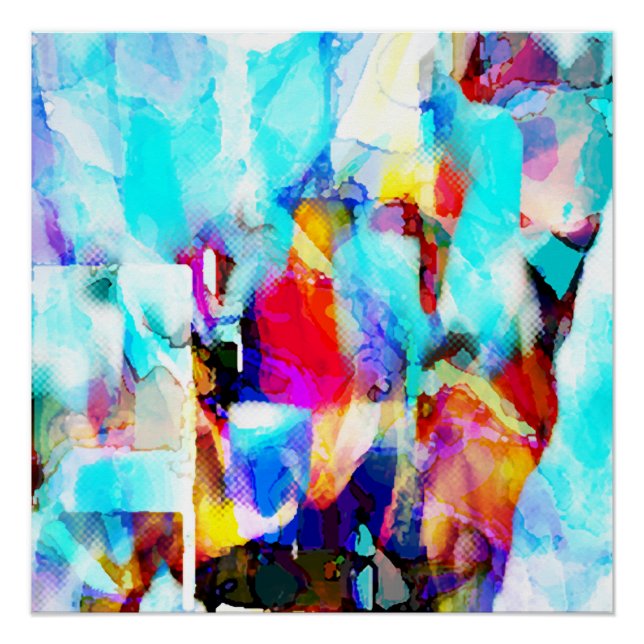 Aqua Blue Rose Gelb Weißes Malerisches Design Poster (Vorderseite)