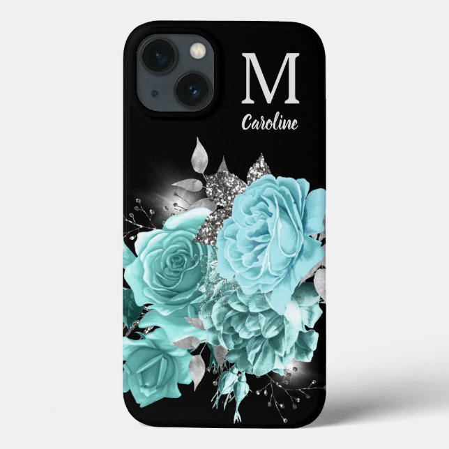 Aqua Blue Rose Silver Sparkle Bouquet Monogram  Case-Mate iPhone Hülle (Rückseite)