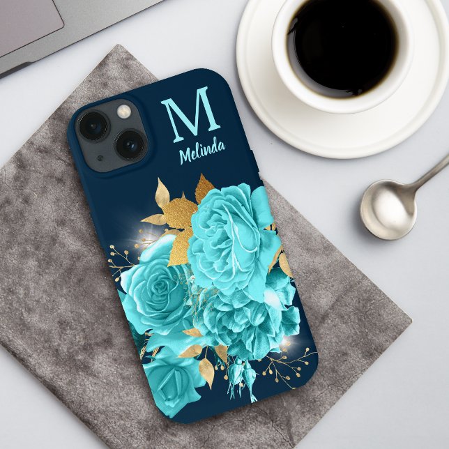 Aqua Blue Rose Sparkle Bouquet Monogram Case Mate (Von Creator hochgeladen)