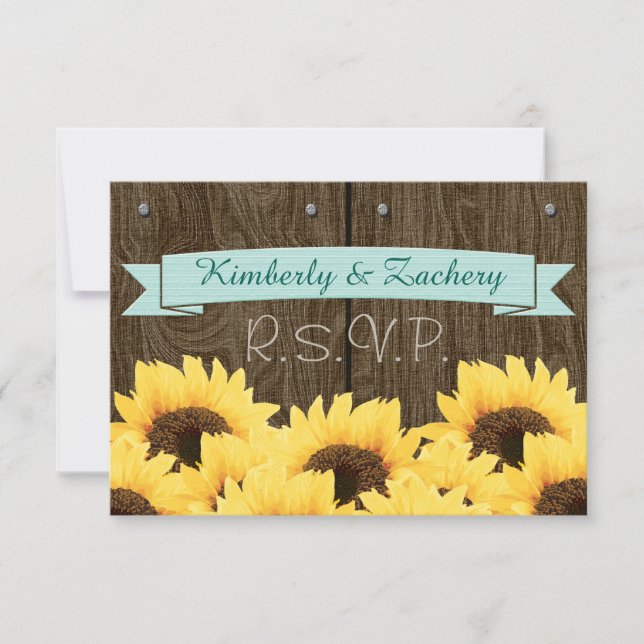 AQUA BLUE RUSTIC SUNFLOWER RSVP CARD KARTE (Vorderseite)