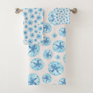 Aqua-Blue Sand Dollar auf Elfenbein Aquarell Badhandtuch Set