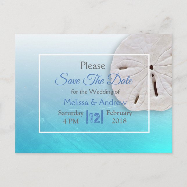 Aqua Blue Sand Dollar Themed Wedding Save the Date Ankündigungspostkarte (Vorderseite)