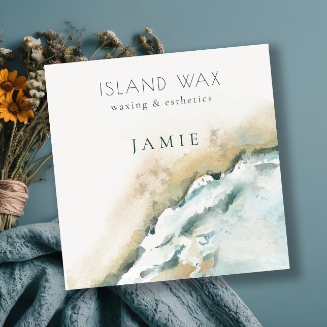 Aqua Blue Sea Waves Sand Beach Wasserfarbe Quadratische Visitenkarte (Von Creator hochgeladen)