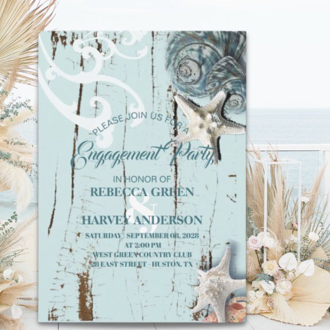Aqua Blue Seashell Seashell Seesterne Beach Engage Einladung (aqua blue seashell starfish beach Engagement party Invitation)
