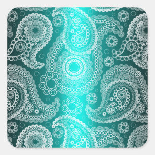 Aqua Blue Shimmer Satin White Lace Paisley Aufkleb Quadratischer Aufkleber
