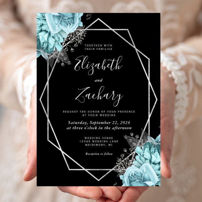 Aqua Blue Silver Floral Black Wedding Einladung (Von Creator hochgeladen)