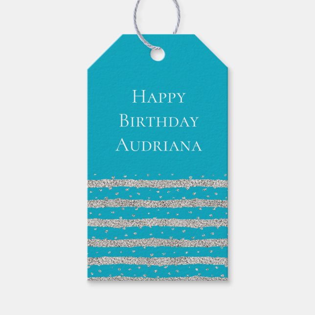 Aqua Blue Silver Funkelnd Confetti Streifen Geschenkanhänger (Vorderseite)