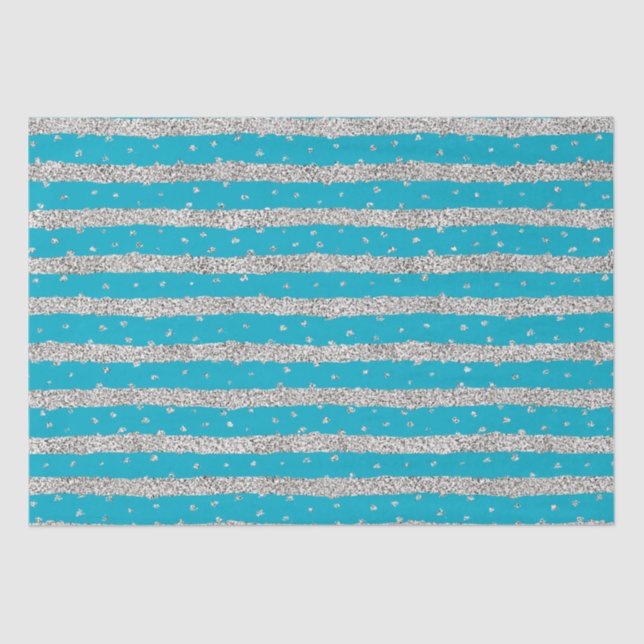 Aqua Blue Silver Funkelnd Confetti Streifen Seidenpapier (Vorderseite)