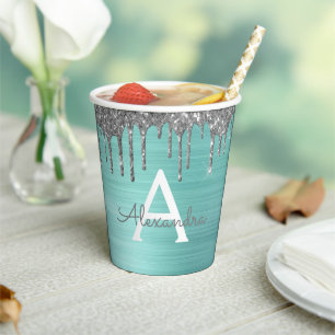 Aqua Blue Silver Glitzer und Sparkle Monogram Pappbecher