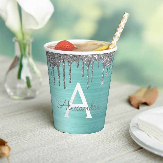 Aqua Blue Silver Glitzer und Sparkle Monogram Pappbecher (In Situ)