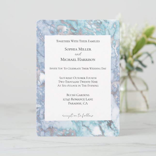 Aqua Blue Silver Marble Wedding Einladung (Stehend Vorderseite)