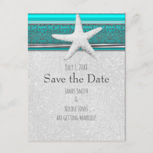 Aqua Blue & Silver Starfish Beach Save the Date Ankündigungspostkarte