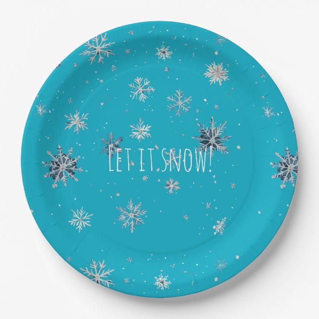 Aqua Blue Silver White Christmas Snowflakes Pappteller (Vorderseite)