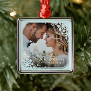 Aqua Blue Snowflakes Frame Holiday Wedding Foto Silbernes Ornament
