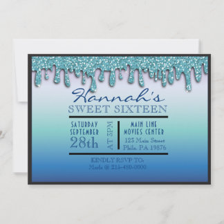 Aqua Blue Sparkle Drippy Tropfen 16 . Geburtstag P Einladung