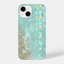 Aqua Blue Sparkle Ribbon Glam iPhone 14 Hülle