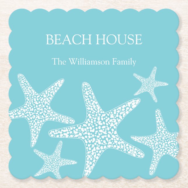 Aqua Blue Starfish Coastal Beach House Family Untersetzer (Vorderseite)