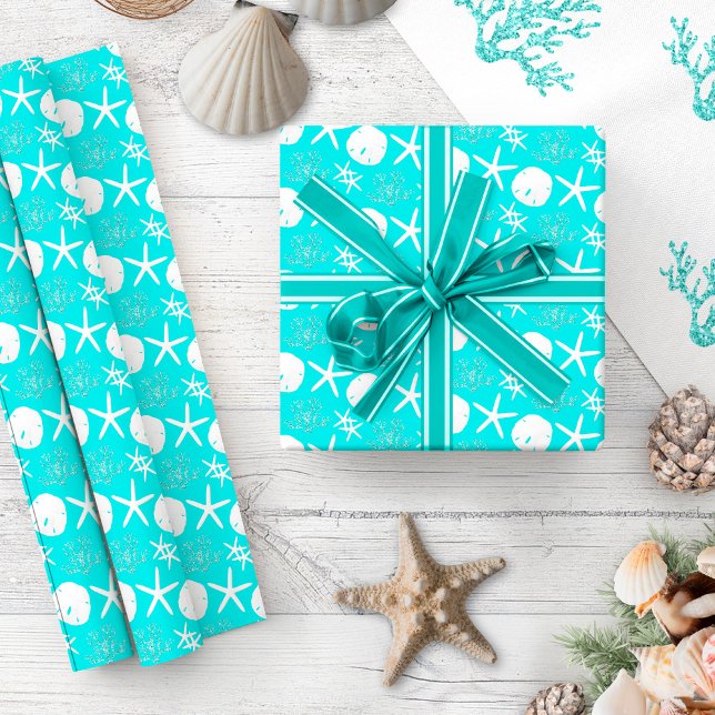 Aqua Blue Starfish Küste Weihnachten Geschenkpapier (Von Creator hochgeladen)