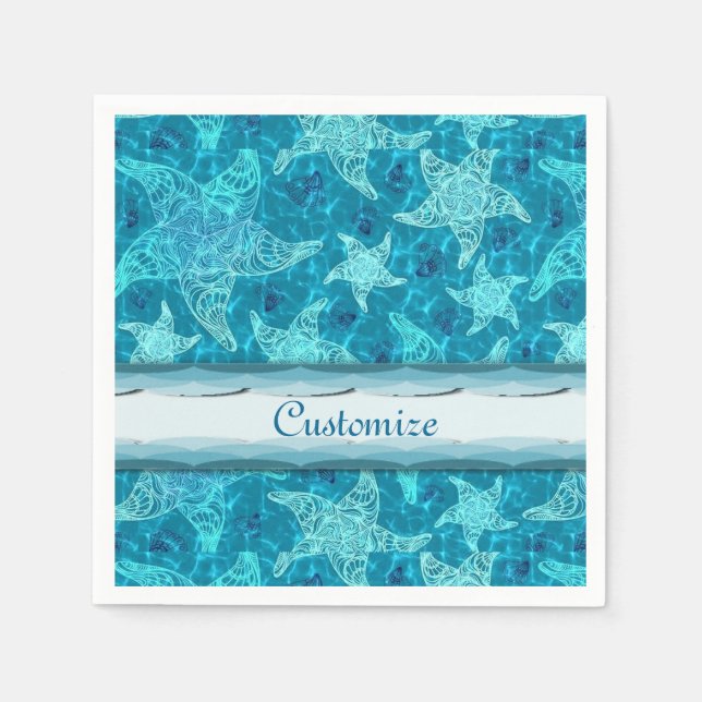 Aqua Blue Starfish Muster Napkins Serviette (Vorderseite)