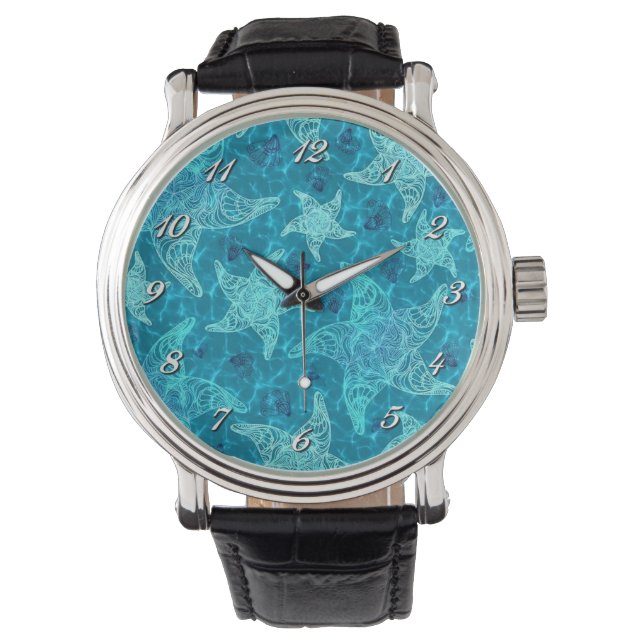 Aqua Blue Starfish Muster Wrist Watch Armbanduhr (Vorderseite)