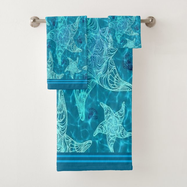 Aqua Blue Starfish Pattern Badhandtuch Set (Insitu)