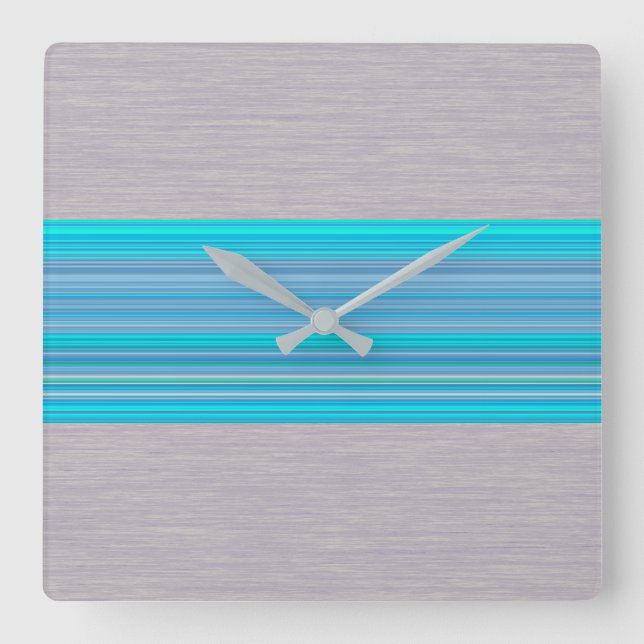 Aqua Blue Striping Muster auf Silbergrau Quadratische Wanduhr (Vorderseite)