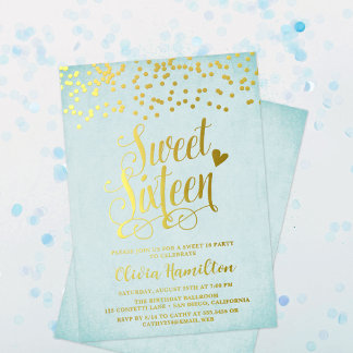 Aqua Blue Sweet 16 Gold Confetti Foil Einladung