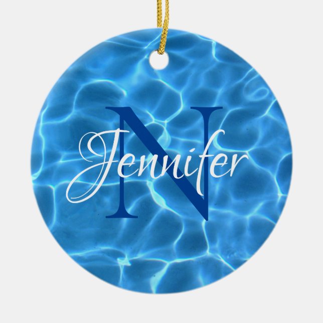 Aqua Blue Swimming Pool Foto Monogram Keramik Ornament (Vorne)