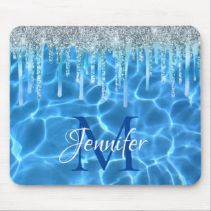 Aqua Blue Swimming Pool Glitzer Tropfen Monogram Mousepad