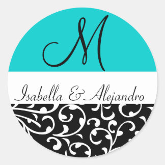 Aqua Blue Swirl Damask Monogram Wedding Stickers