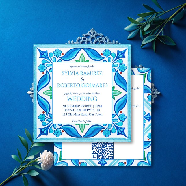 Aqua Blue Talavera Fliesen alle in einer Hochzeit Einladung (Aqua Blue Talavera tiles all in one wedding Invitations with RSVP vintage Mexican wedding cards)