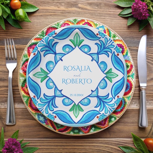Aqua Blue Talavera Fliesen mit Monogramm Hochzeit Pappteller (Aqua Blue Talavera tiles monogrammed customized Paper Plates vintage Mexican wedding printed plates)