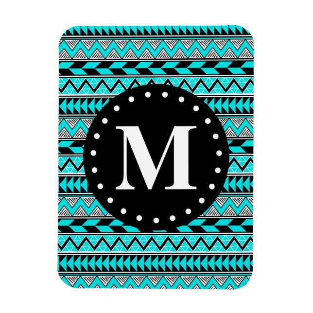 Aqua Blue Tribal Zickzack Muster Monogram Magnet (Vertikal)