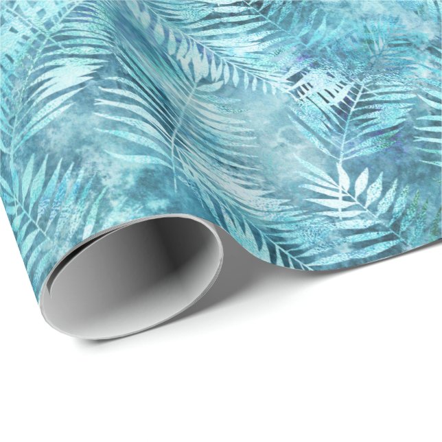 Aqua Blue Tropical Blätter Geschenkpapier (Rolleneckpunkt)