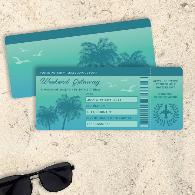 Aqua Blue Tropical Imitats Boarding Pass Einladung (Ideal for weekend getaways, tropical bachelorette trips, destination birthday party trips etc.)