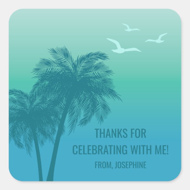 Aqua Blue Tropical Palm Trees Birthday Thank You Quadratischer Aufkleber (Vorderseite)