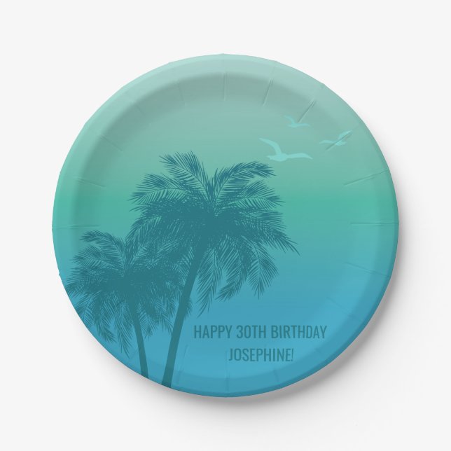 Aqua Blue Tropical Palm Trees Happy Birthday Pappteller (Vorderseite)
